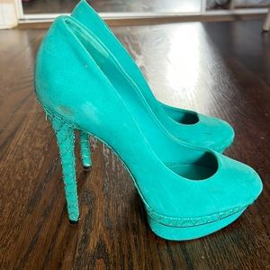 Brian Atwood turquoise suede and snake-print leather stiletto heels